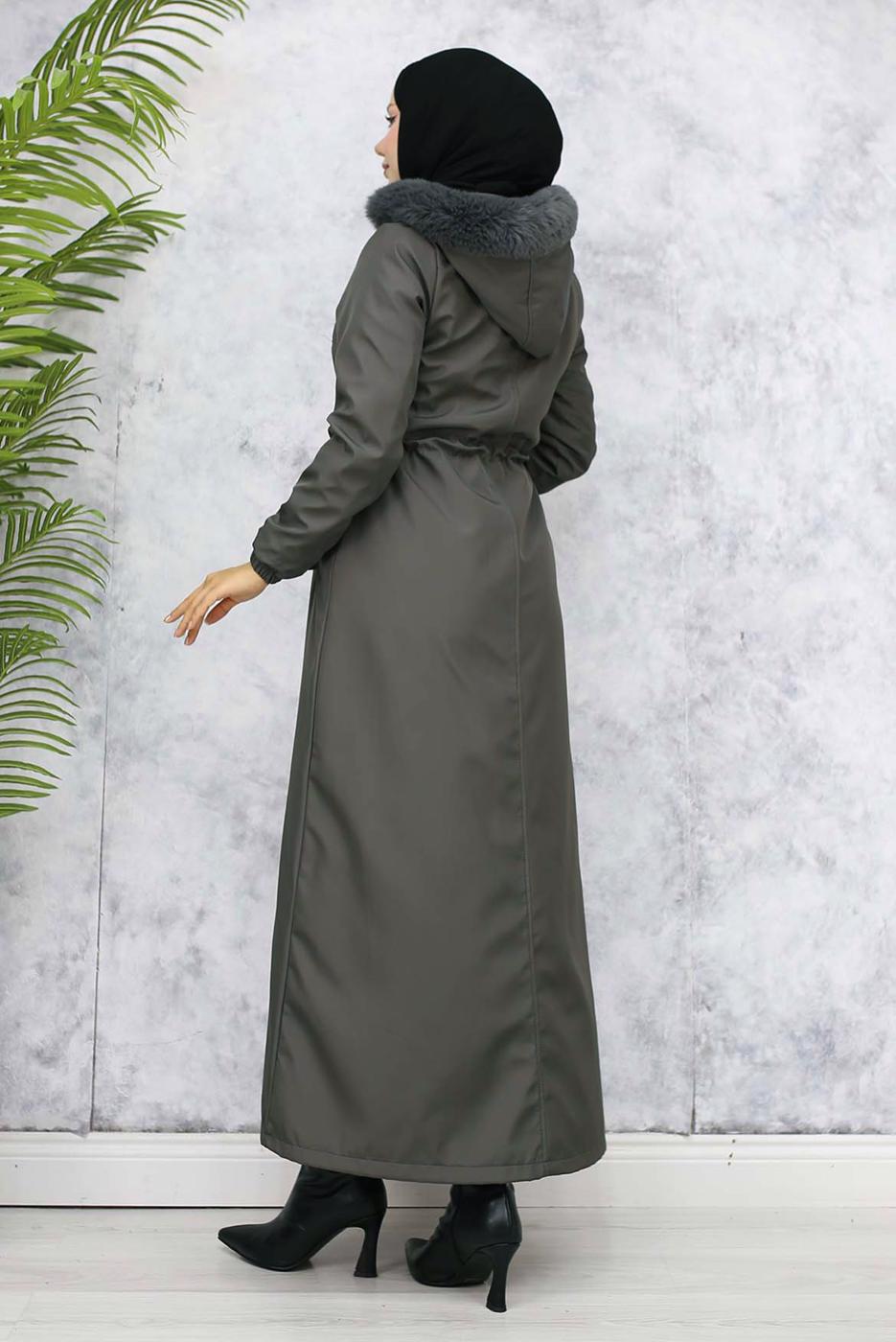 Tesettür giyim GRİ KAPÜŞONLU MANTO T 0501