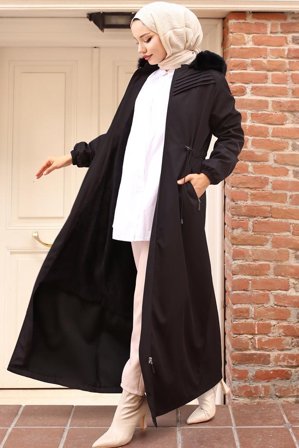 Tesettür giyim SİYAH BELİ BAĞCIKLI MANTO T 2011 - TRENDTESETTÜR
