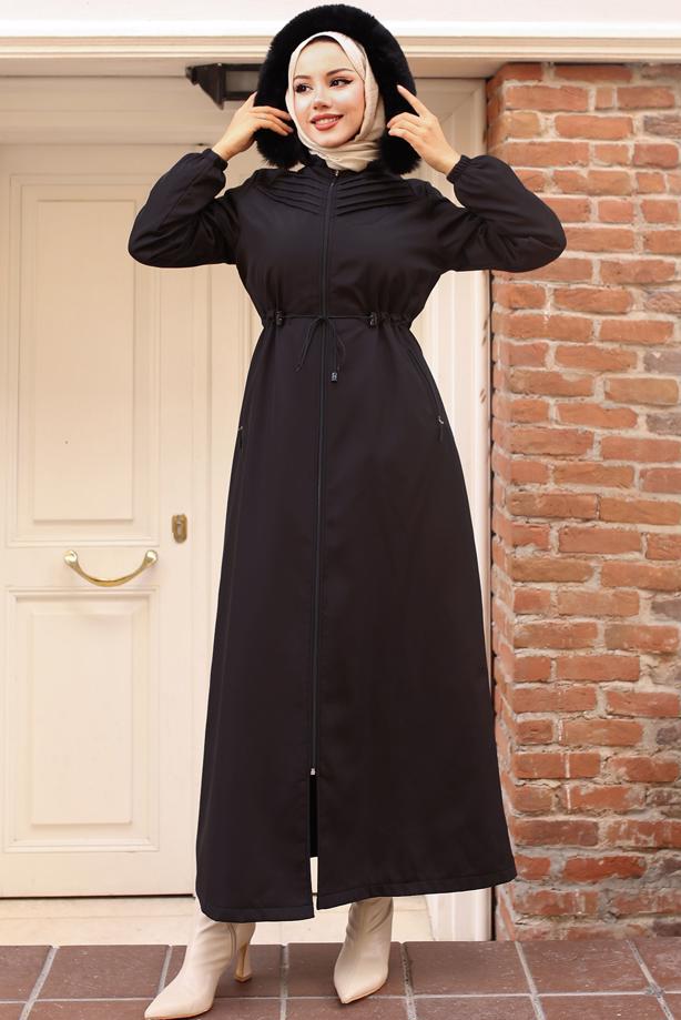 Tesettür giyim SİYAH BELİ BAĞCIKLI MANTO T 2011 - TRENDTESETTÜR