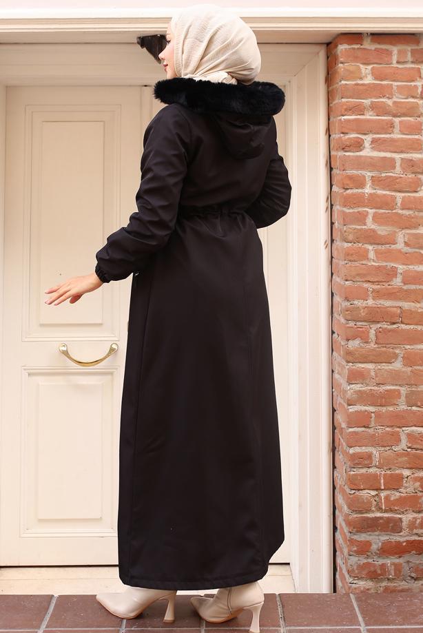 Tesettür giyim SİYAH BELİ BAĞCIKLI MANTO T 2011 - TRENDTESETTÜR