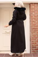 Tesettür giyim SİYAH BELİ BAĞCIKLI MANTO T 2011