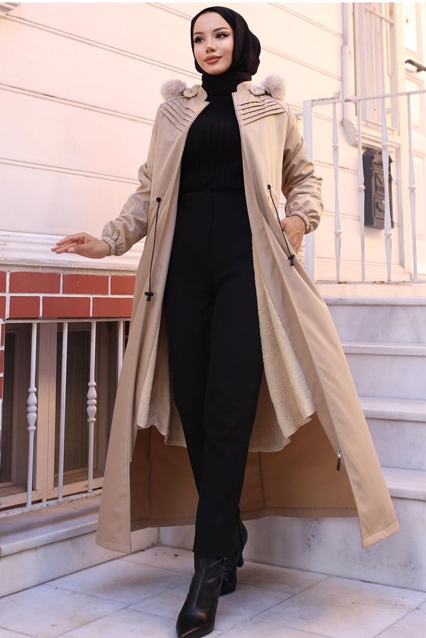 Tesettür giyim BEJ BELİ BAĞCIKLI MANTO T 2011 - TRENDTESETTÜR
