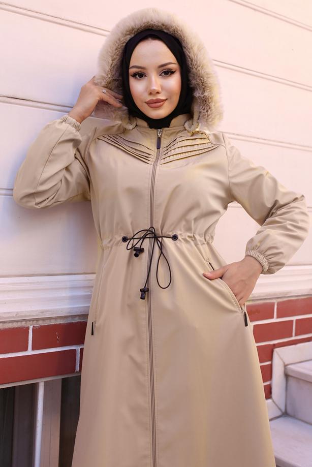 Tesettür giyim BEJ BELİ BAĞCIKLI MANTO T 2011 - TRENDTESETTÜR