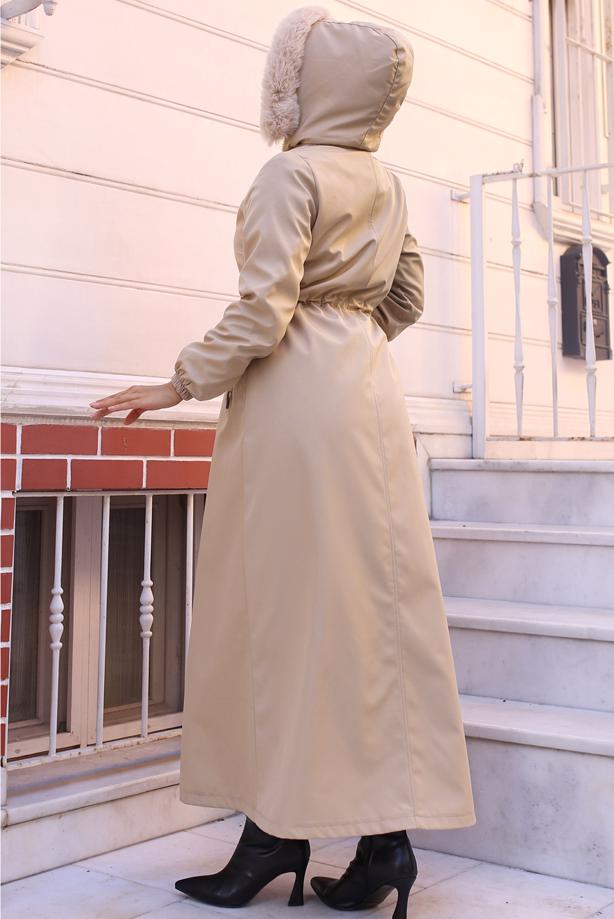 Tesettür giyim BEJ BELİ BAĞCIKLI MANTO T 2011 - TRENDTESETTÜR