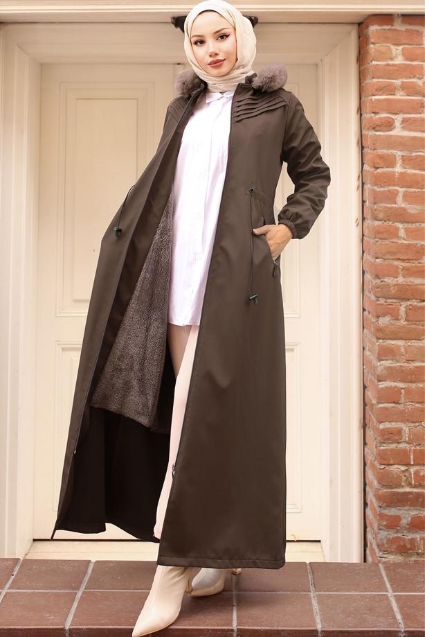 Tesettür giyim KAHVE BELİ BAĞCIKLI MANTO T 2011 - TRENDTESETTÜR