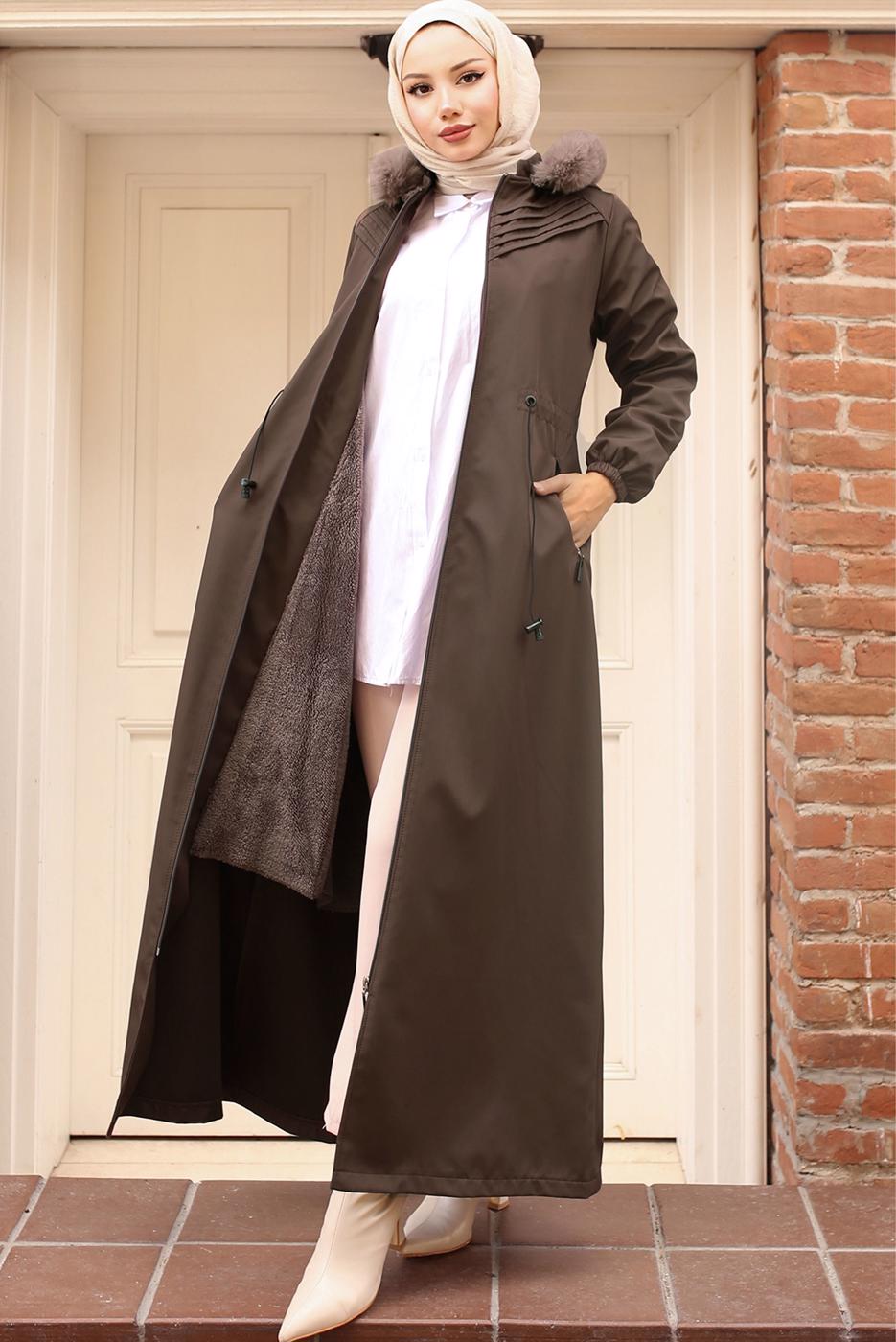 Tesettür giyim KAHVE BELİ BAĞCIKLI MANTO T 2011