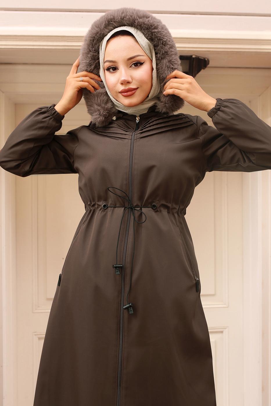 Tesettür giyim KAHVE BELİ BAĞCIKLI MANTO T 2011