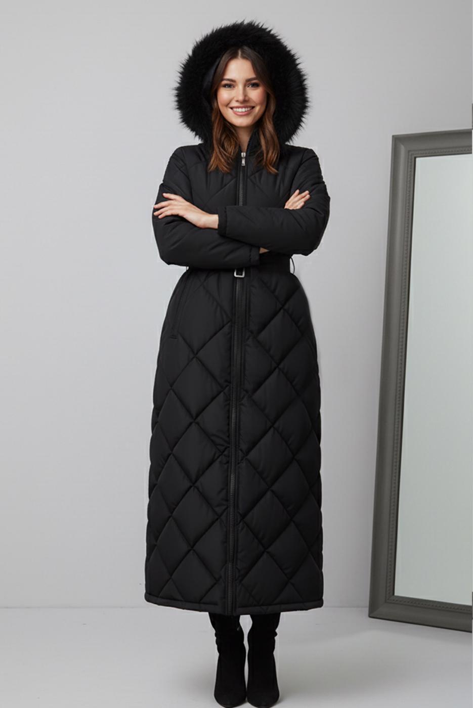 Tesettür giyim SİYAH T 3519 BN KAPİTONE MANTO