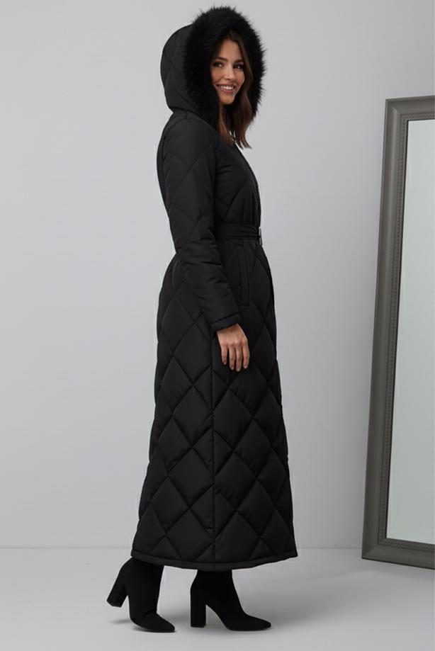 Tesettür giyim SİYAH T 3519 BN KAPİTONE MANTO - TRENDTESETTÜR