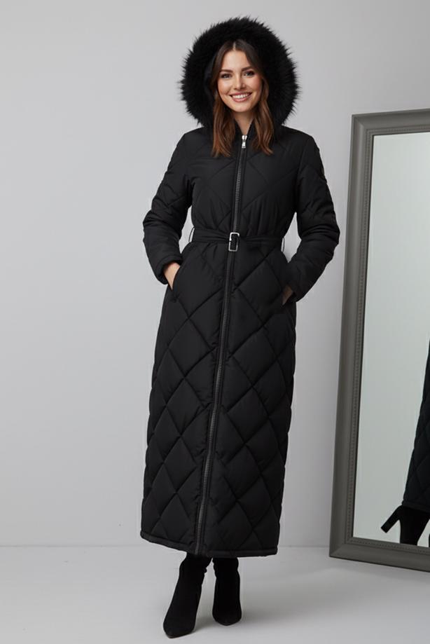 Tesettür giyim SİYAH T 3519 BN KAPİTONE MANTO - TRENDTESETTÜR