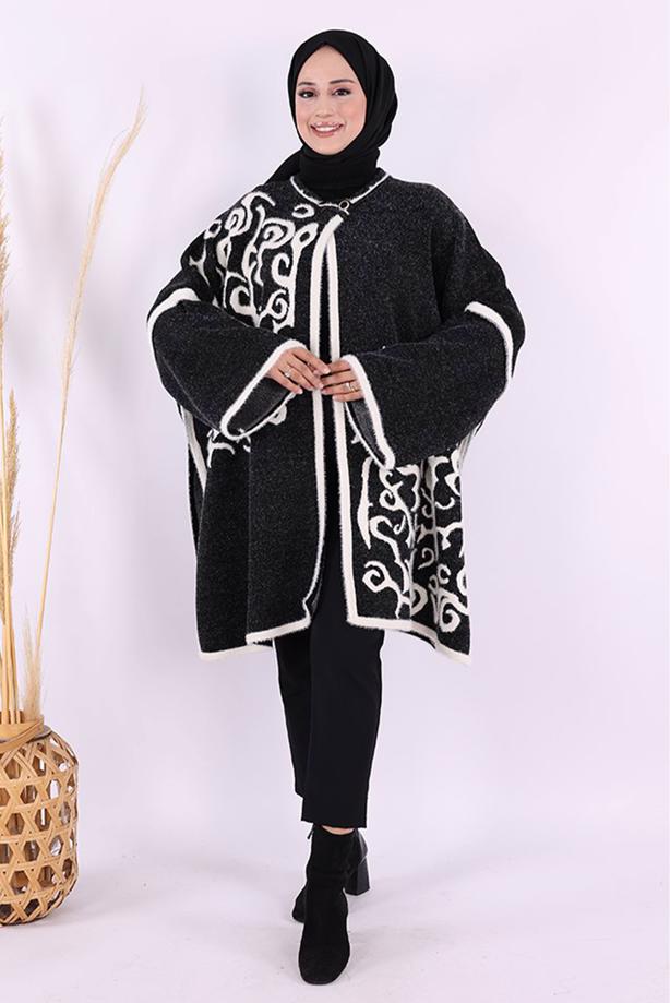 Tesettür giyim SİYAH DESENLİ PANÇO T 01621 - TRENDTESETTÜR