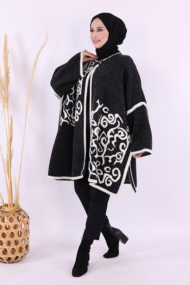 Tesettür giyim SİYAH DESENLİ PANÇO T 01621 - TRENDTESETTÜR