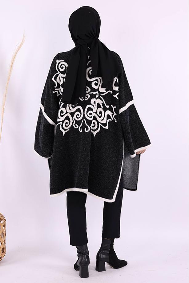 Tesettür giyim SİYAH DESENLİ PANÇO T 01621 - TRENDTESETTÜR