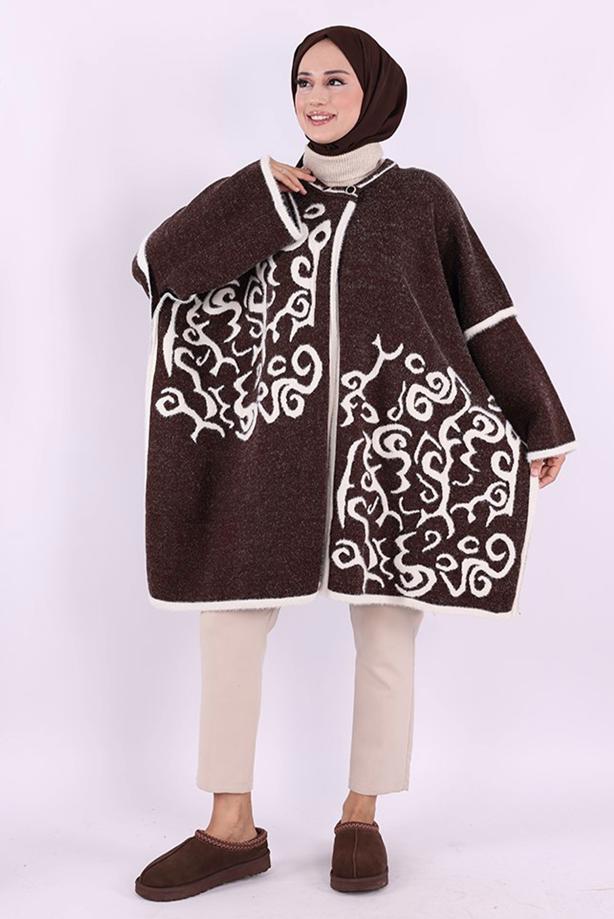 Tesettür giyim KAHVE DESENLİ PANÇO T 01621 - TRENDTESETTÜR