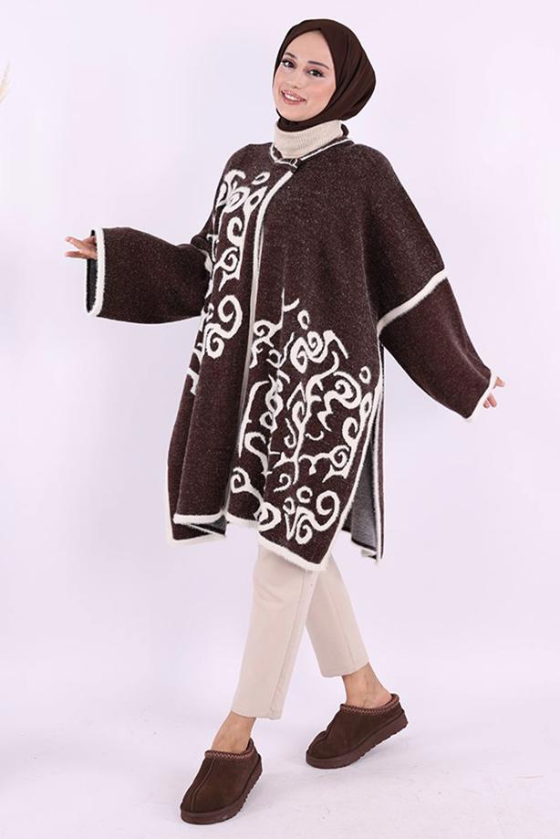 Tesettür giyim KAHVE DESENLİ PANÇO T 01621 - TRENDTESETTÜR