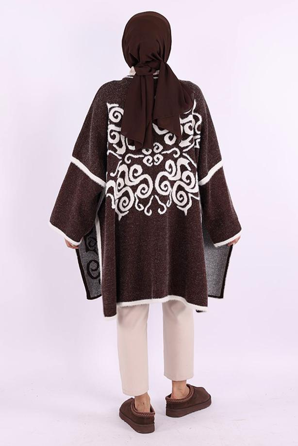 Tesettür giyim KAHVE DESENLİ PANÇO T 01621 - TRENDTESETTÜR