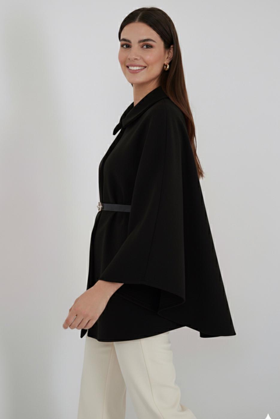 Tesettür giyim SİYAH KEMERLİ KAŞE PANÇO T 0719