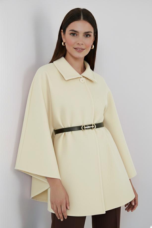 Tesettür giyim EKRU KEMERLİ KAŞE PANÇO T 0719 - TRENDTESETTÜR