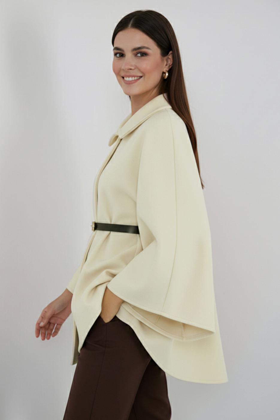 Tesettür giyim EKRU KEMERLİ KAŞE PANÇO T 0719