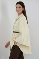 Tesettür giyim EKRU KEMERLİ KAŞE PANÇO T 0719