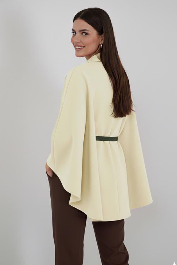 Tesettür giyim EKRU KEMERLİ KAŞE PANÇO T 0719 - TRENDTESETTÜR