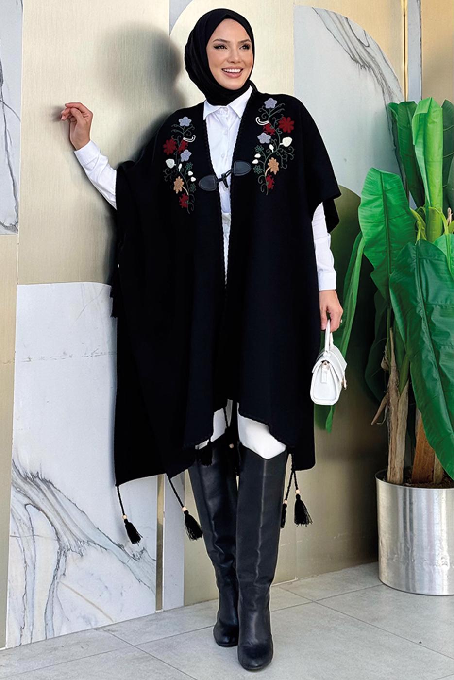 Tesettür giyim SİYAH GÜL İŞLEMELİ TRİKO PANÇO T 13021