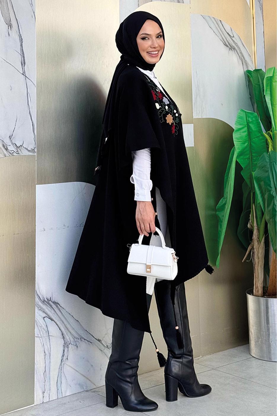 Tesettür giyim SİYAH GÜL İŞLEMELİ TRİKO PANÇO T 13021