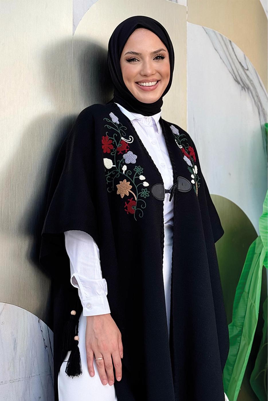 Tesettür giyim SİYAH GÜL İŞLEMELİ TRİKO PANÇO T 13021