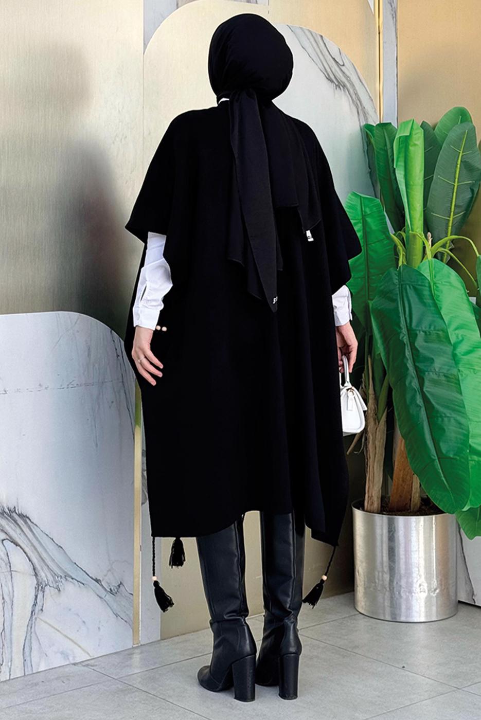 Tesettür giyim SİYAH GÜL İŞLEMELİ TRİKO PANÇO T 13021