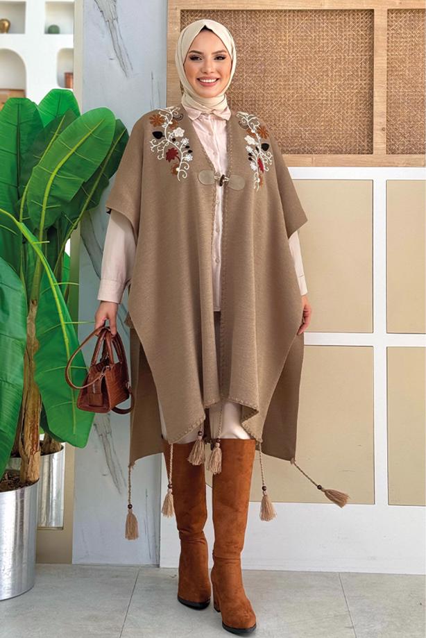 Tesettür giyim VİZON GÜL İŞLEMELİ TRİKO PANÇO T 13021 - TRENDTESETTÜR