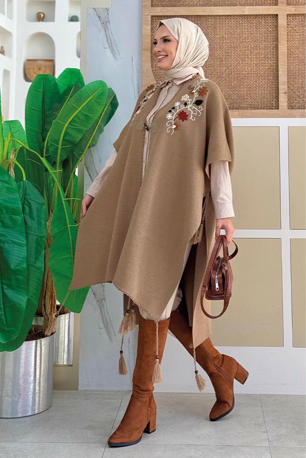Tesettür giyim VİZON GÜL İŞLEMELİ TRİKO PANÇO T 13021 - TRENDTESETTÜR