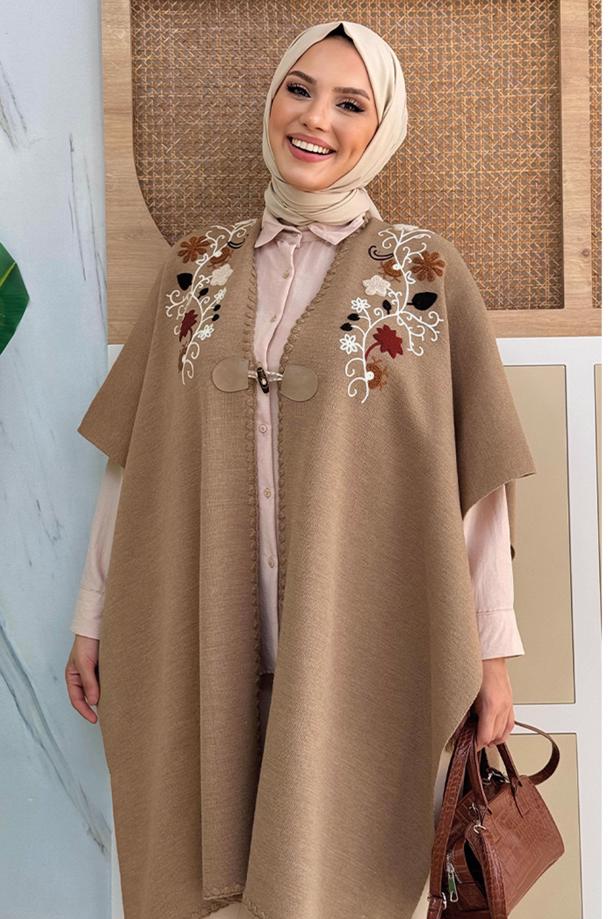 Tesettür giyim VİZON GÜL İŞLEMELİ TRİKO PANÇO T 13021 - TRENDTESETTÜR