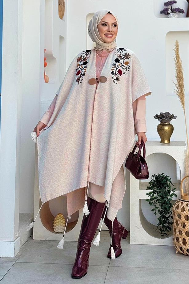 Tesettür giyim BEJ GÜL İŞLEMELİ TRİKO PANÇO T 13021 - TRENDTESETTÜR