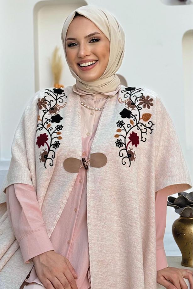 Tesettür giyim BEJ GÜL İŞLEMELİ TRİKO PANÇO T 13021 - TRENDTESETTÜR
