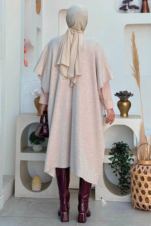 Tesettür giyim BEJ GÜL İŞLEMELİ TRİKO PANÇO T 13021 - TRENDTESETTÜR