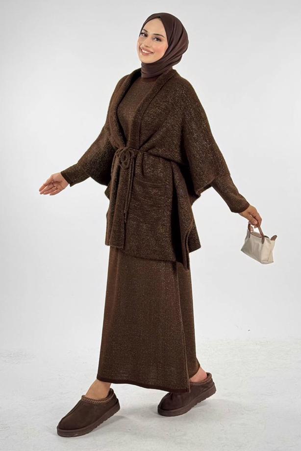 Tesettür giyim KAHVE CEPLİ PANÇO T 23381 - TRENDTESETTÜR
