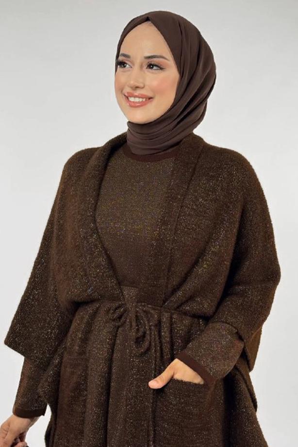 Tesettür giyim KAHVE CEPLİ PANÇO T 23381 - TRENDTESETTÜR