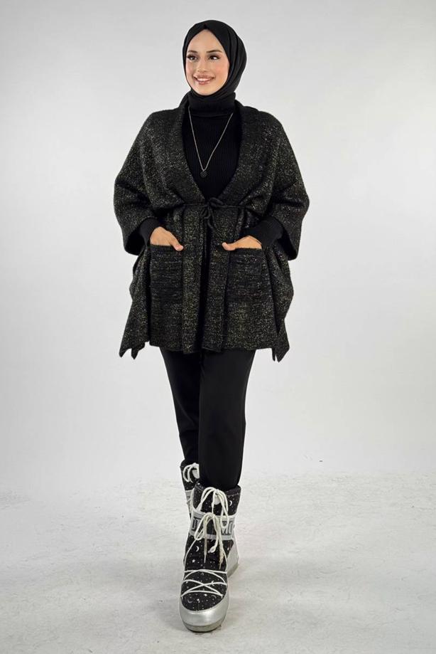 Tesettür giyim SİYAH CEPLİ PANÇO T 23381 - TRENDTESETTÜR