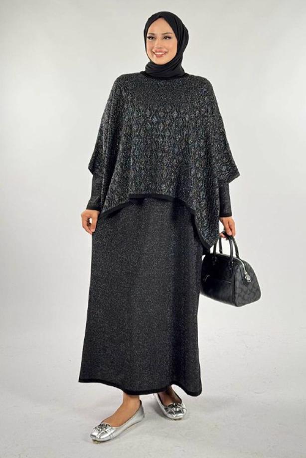 Tesettür giyim SİYAH DESENLİ PANÇO T 52381 - TRENDTESETTÜR