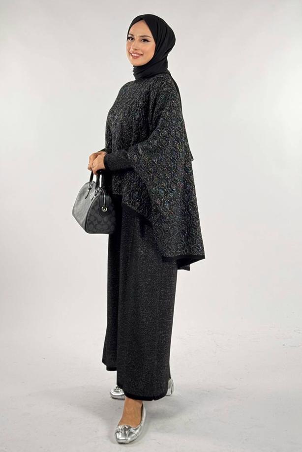 Tesettür giyim SİYAH DESENLİ PANÇO T 52381 - TRENDTESETTÜR