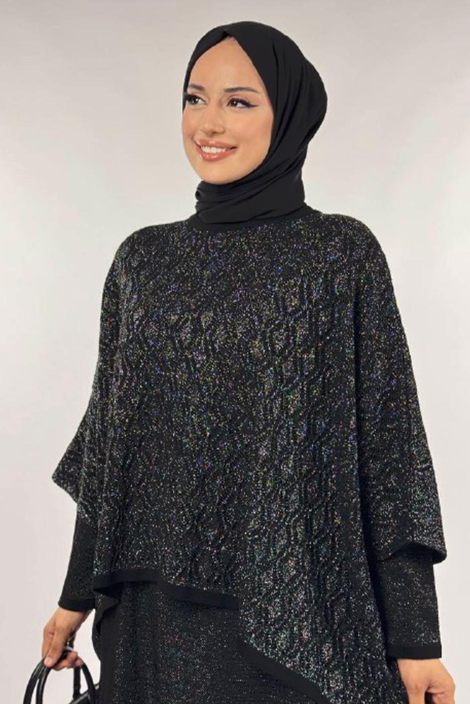 Tesettür giyim SİYAH DESENLİ PANÇO T 52381