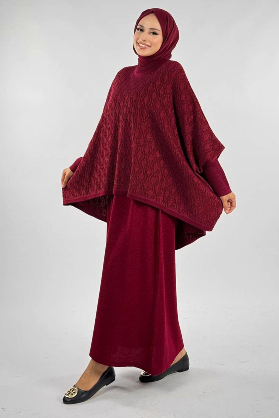 Tesettür giyim BORDO DESENLİ PANÇO T 52381