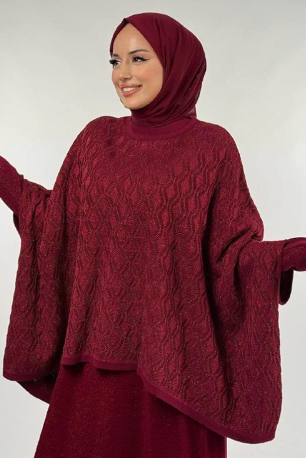 Tesettür giyim BORDO DESENLİ PANÇO T 52381 - TRENDTESETTÜR