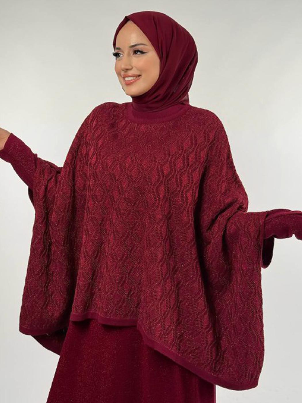 Tesettür giyim BORDO DESENLİ PANÇO T 52381