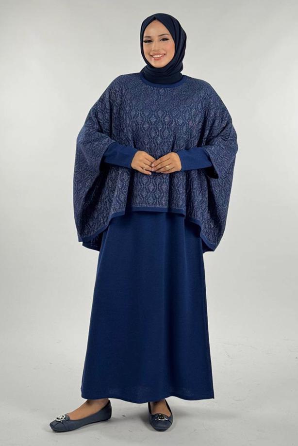 Tesettür giyim LACİVERT DESENLİ PANÇO T 52381 - TRENDTESETTÜR