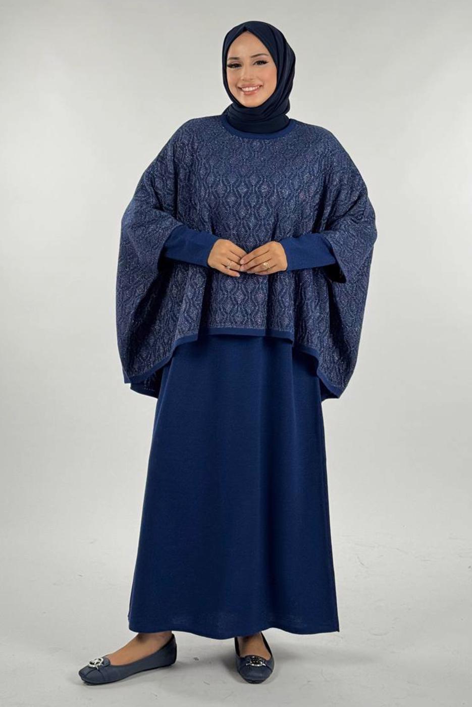 Tesettür giyim LACİVERT DESENLİ PANÇO T 52381