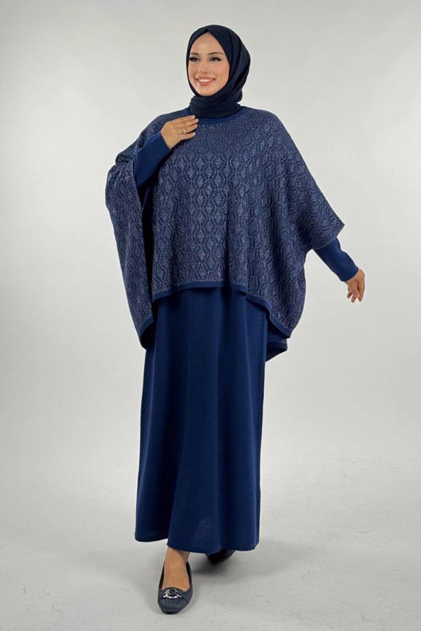 Tesettür giyim LACİVERT DESENLİ PANÇO T 52381 - TRENDTESETTÜR