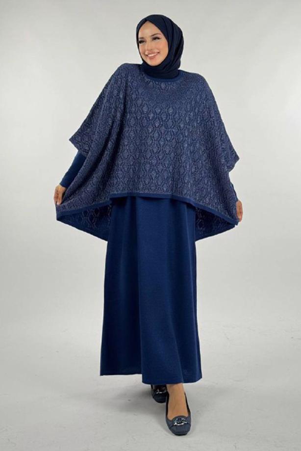 Tesettür giyim LACİVERT DESENLİ PANÇO T 52381 - TRENDTESETTÜR