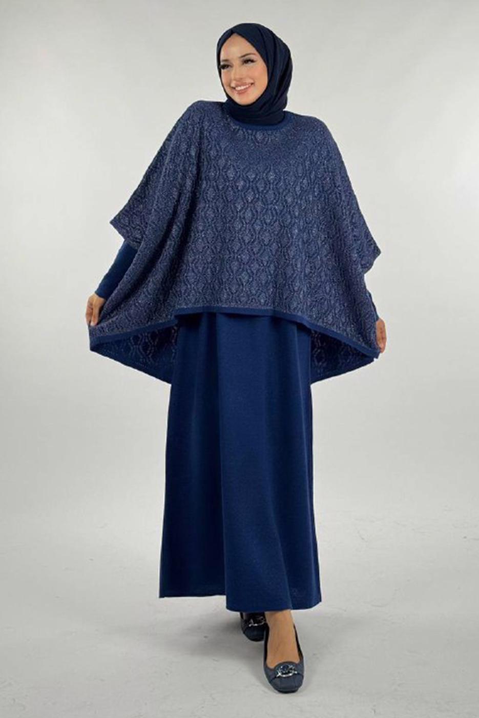 Tesettür giyim LACİVERT DESENLİ PANÇO T 52381