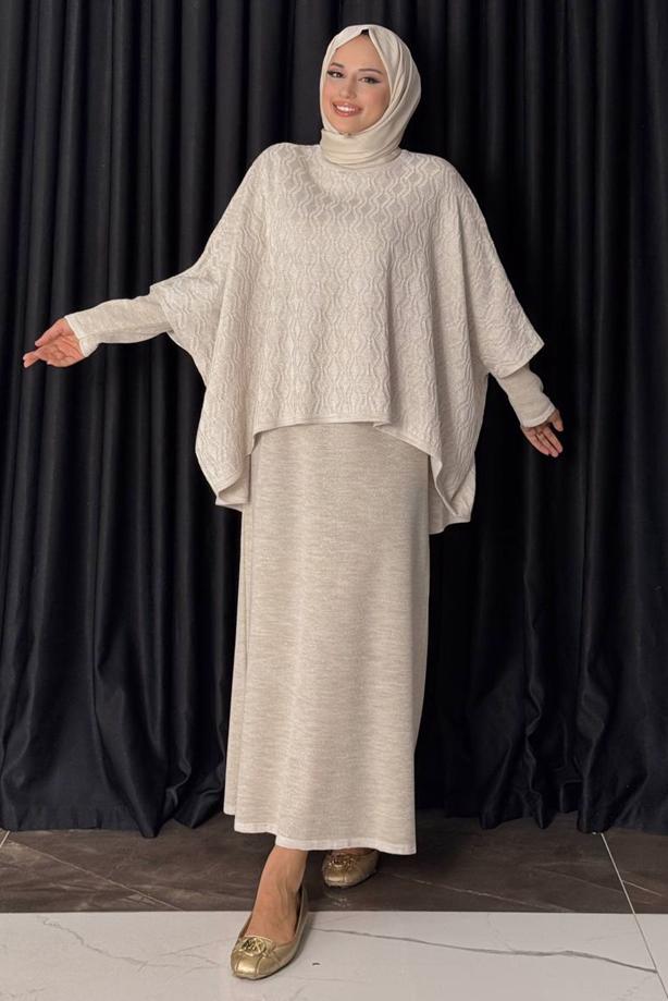 Tesettür giyim BEJ DESENLİ PANÇO T 52381 - TRENDTESETTÜR